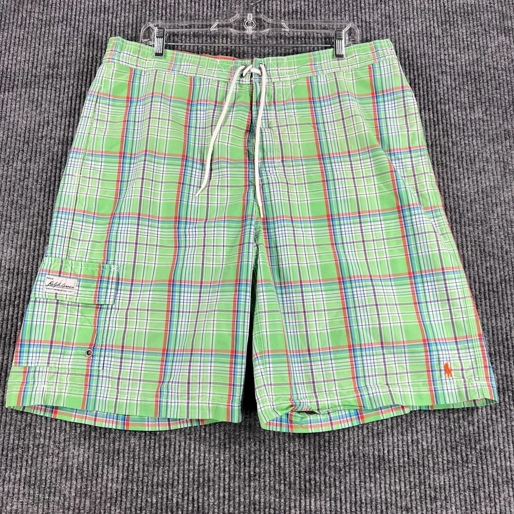 Polo Ralph Lauren Swim Trunks Mens Size Large Green Plaid Drawstrings Beach Pool